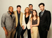 NEW YORK, NY - APRIL 23: (L-R) Actors Tarik Lowe, Mike Landry, Arielle Kebbel, writer/director Daniel Schechter, Sophia Takal and Alex Karpovsky of the film 'Supporting Characters' visit the Tribeca Film Festival 2012 portrait studio at the Cadillac Tribeca Press Lounge on April 23, 2012 in New York City. (Photo by Larry Busacca/Getty Images)