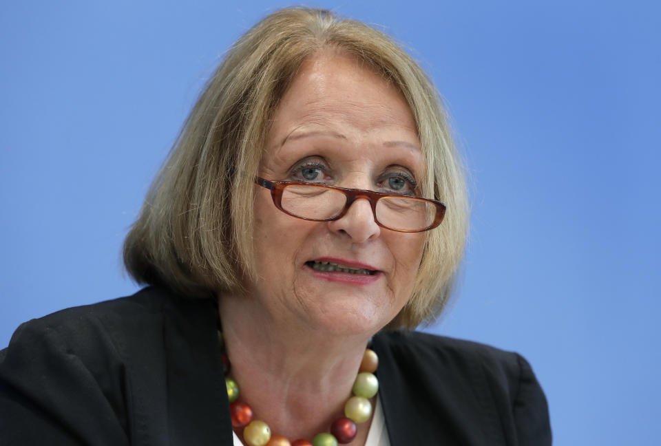 FILE -Sabine Leutheusser-Schnarrenberger, member of the board of the German Liberal Party (FDP) during a press conference in Berlin, Germany, Monday, June 26, 2017. Two former German government ministers have submitted a criminal complaint with federal prosecutors seeking the opening of a war crimes probe against Russian officials over the conflict in Ukraine. (AP Photo/Michael Sohn,file)