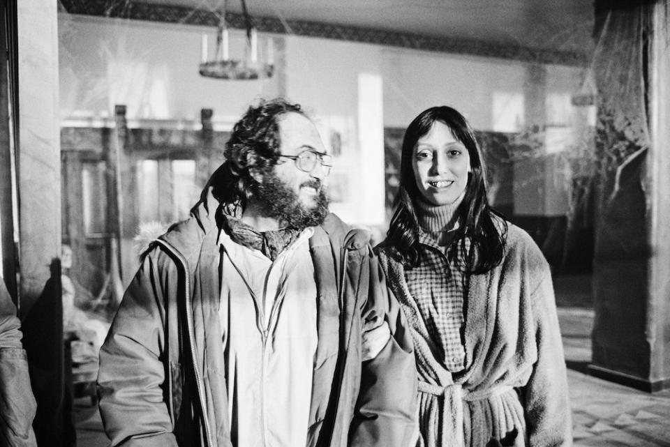 Kubrick and Duvall on the Hotel Lobby set, dressed for the scene where Wendy Torrance happens upon a group of skeleton party guests that was later cut from the European release.