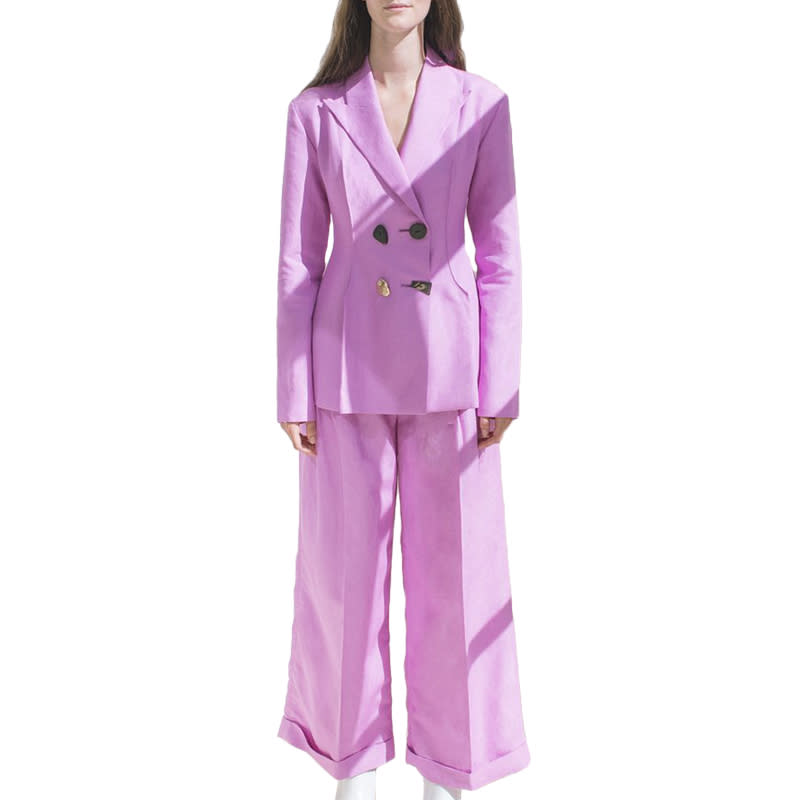 <p>Nothing feels more summery than taffy-colored linen. Hand-crafted buttons and a structured silhouette are directional finishes.</p> <p><a rel="nofollow noopener" href="https://rejinapyo.com/collections/coat-jackets/products/nicole-linen-taffy-jacket" target="_blank" data-ylk="slk:Nicole Linen Taffy Jacket, Rejina Pyo $739;elm:context_link;itc:0;sec:content-canvas" class="link ">Nicole Linen Taffy Jacket, Rejina Pyo $739</a></p> <p><a rel="nofollow noopener" href="https://rejinapyo.com/collections/trousers/products/dylan-linen-linen-taffy-pink-tailored-trousers" target="_blank" data-ylk="slk:Dylan Linen Taffy Pink Tailored Trousers, Rejina Pyo $571;elm:context_link;itc:0;sec:content-canvas" class="link ">Dylan Linen Taffy Pink Tailored Trousers, Rejina Pyo $571</a></p>