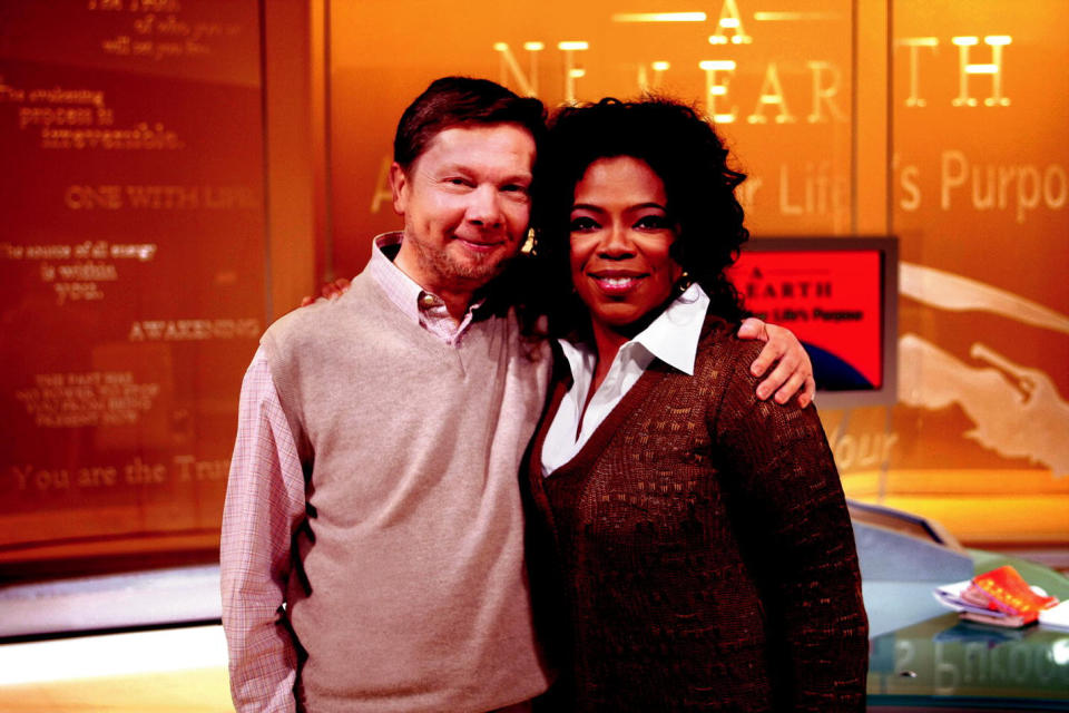 "I know for sure that only by owning who and what you are can you step into the fullness of life." <br /><br />Photo: Oprah with Eckhart Tolle in 2008.