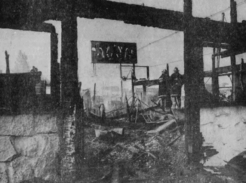 Firemen douse the smoldering ruins of d’Scene discotheque in Sayreville. The popular night spot burst into flames on Friday, May 17, 1974, and was completely destroyed in an hour.
