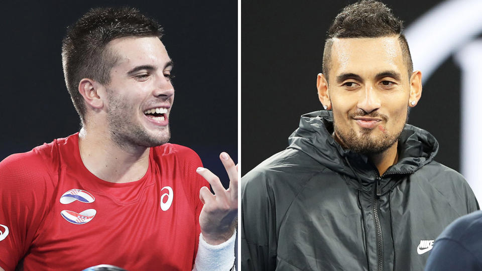 Nick Kyrgios (pictured right) smirking in an interview and Borna Coric (pictured left) getting frustrated.