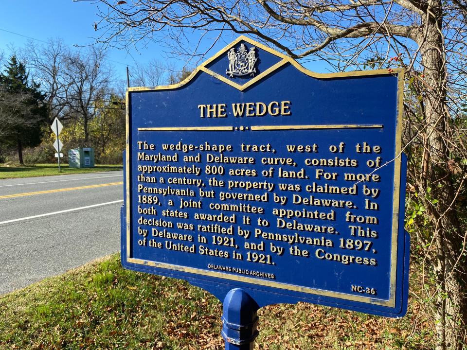 A historical landmark for The Wedge on New London Road near Newark.