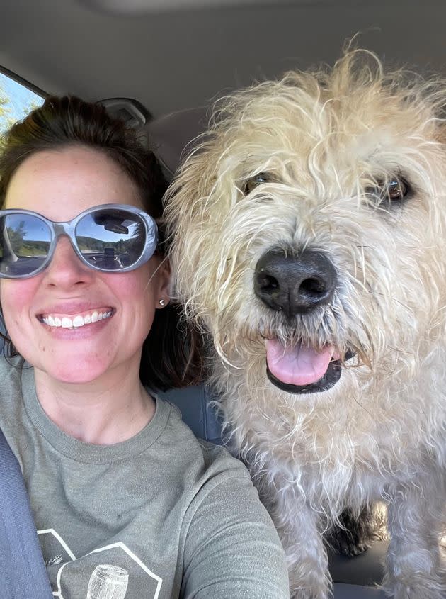 The author with her dog Ronan, who accompanied her to Ohio, where her father was admitted to the Cleveland Clinic. 