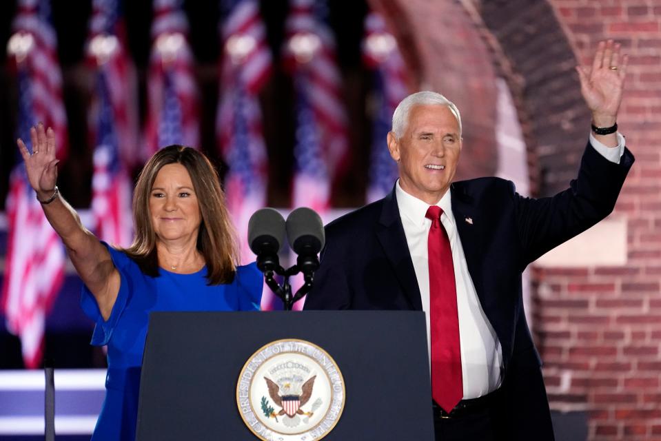 Vice President Mike Pence arrives with his wife Karen Pence to speak on the third day of the Republican National Convention at Fort McHenry National Monument and Historic Shrine in Baltimore, Wednesday, Aug. 26, 2020.