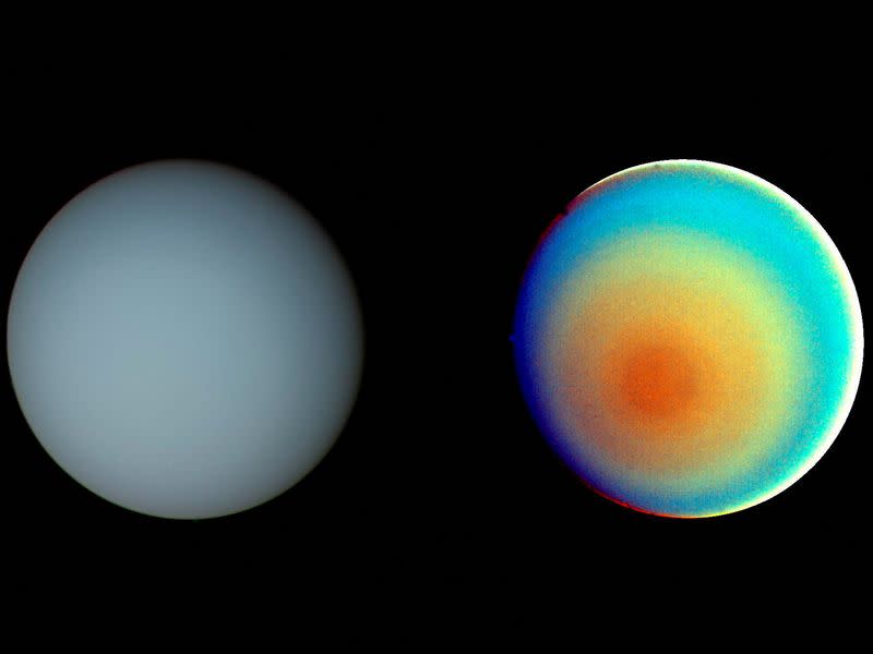 FILE PHOTO: Two pictures of Uranus - one in true color (L) and the other in false color - are shown in this NASA handout