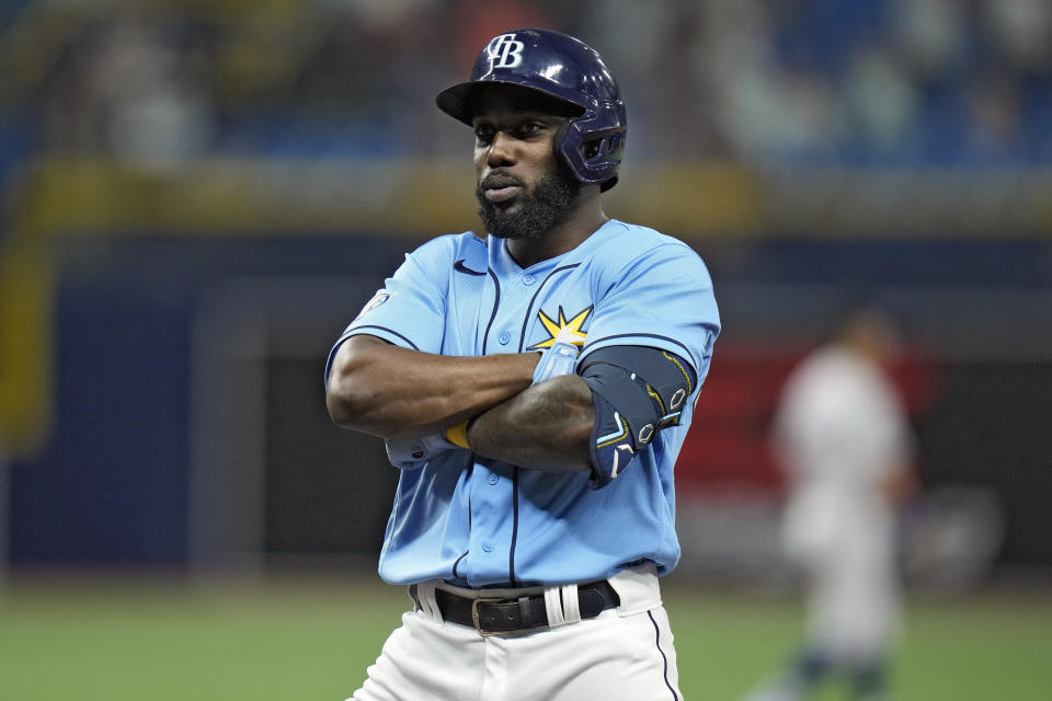 Tampa Bay Rays' Randy Arozarena reacts after his two-run single off Colorado Rockies relief pitcher Daniel Bard during the eighth inning of a baseball game Tuesday, Aug. 22, 2023, in St. Petersburg, Fla. (AP Photo/Chris O'Meara)