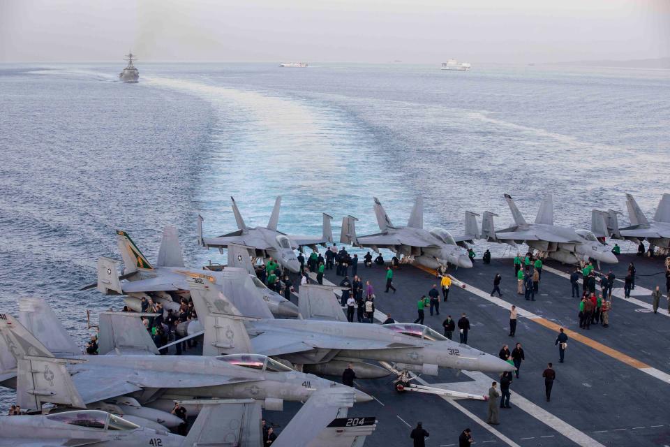 The USS Dwight D. Eisenhower Carrier Strike Group transits the Strait of Gibraltar on Oct. 28, 2023, as part of U.S. forces moving “in support of the defense of Israel and to deter aggression throughout the region," according to the U.S. Fleet Forces Command.