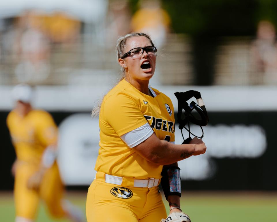 Missouri softball ace Laurin Krings reacts to a play during an NCAA Columbia Regional game against Omaha on Sunday in Columbia, Missouri.