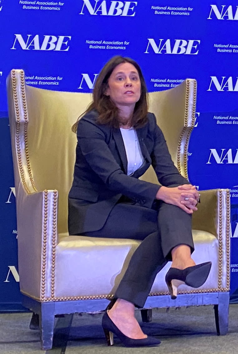 Federal Reserve Bank of Dallas President Lorie Logan speaks at a conference of the National Association for Business Economics in Dallas, Texas, U.S., October 9, 2023. REUTERS/Ann Saphir