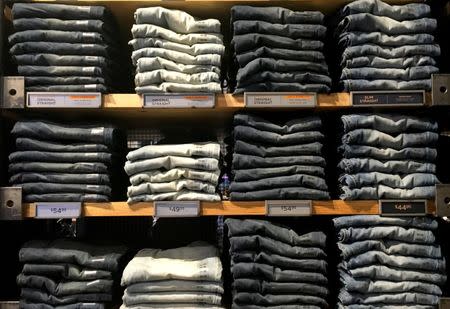 Jeans are seen for sale in an American Eagle Outfitters retail store in Manhattan, New York, U.S., May 13, 2016. REUTERS/Mike Segar