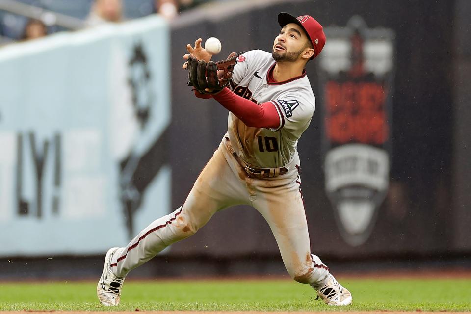 Jordan Lawlar (10) of the Arizona Diamondbacks makes an out on a ball hit by Estevan Florial #90 of the New York Yankees during the fifth inning at Yankee Stadium on Sept. 25, 2023, in the Bronx borough of New York City.