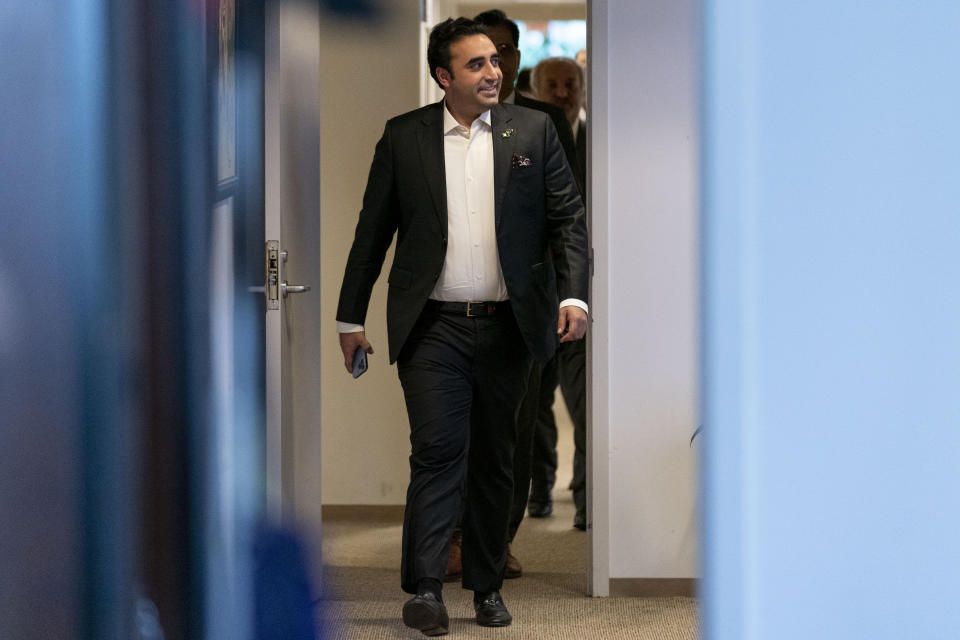 Pakistani Foreign Minister Bilawal Bhutto Zardari arrives for an interview with the Associated Press at the Pakistan Embassy, in Washington, Tuesday, Sept. 27, 2022. (AP Photo/Andrew Harnik)