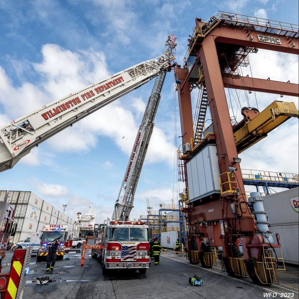 The Wilmington Fire Department gave CPR to a person in cardiac arrest on a crane on March 11, 2023.