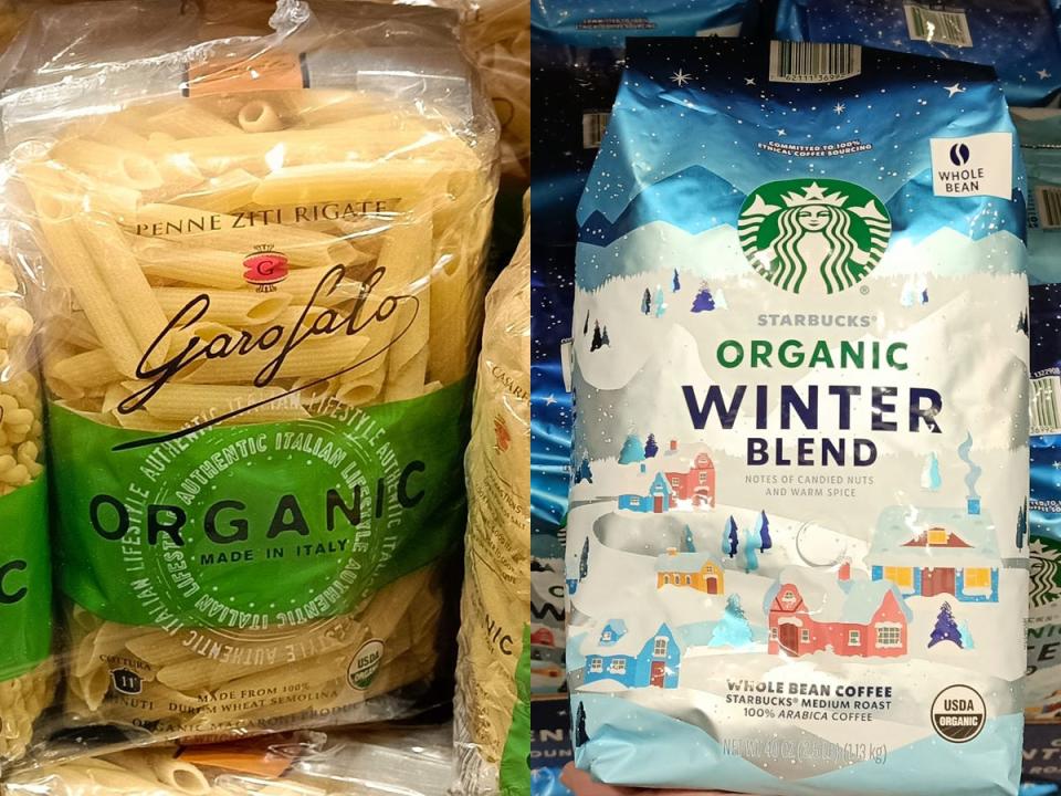 Garofalo pasta at Costco; A bag of Starbucks Winter-Blend coffee