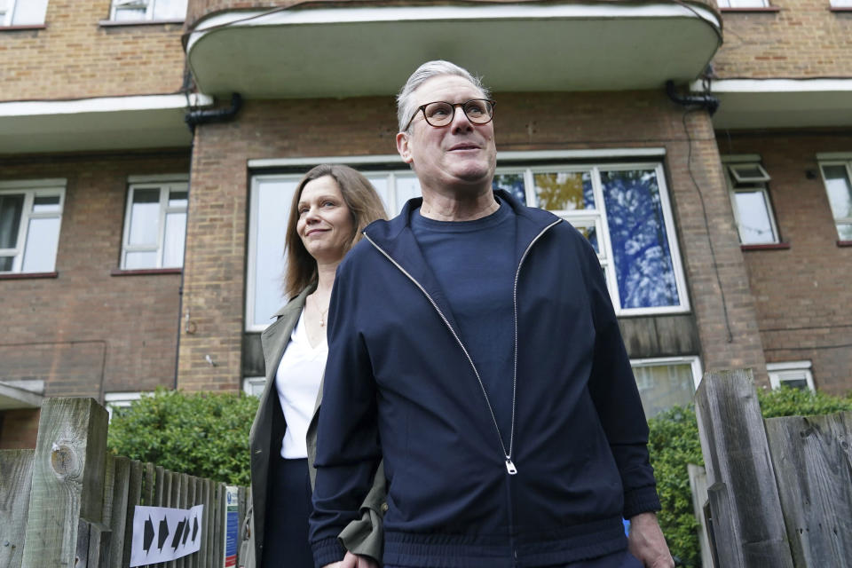 Britain's Labour leader Keir Starmer and his wife Victoria leave the polling station in his Holborn and St Pancras constituency, after casting their votes in the local and London Mayoral election, in north London, Thursday May 2, 2024. (Stefan Rousseau/PA via AP)