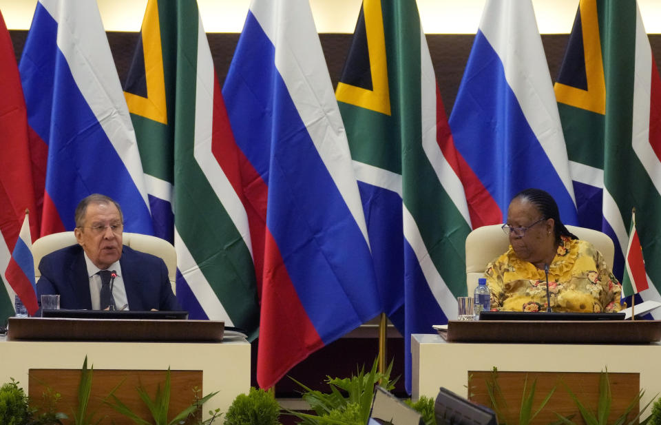 Russia's Foreign Minister Sergey Lavrov, left, speaks as his South Africa's counterpart Naledi Pandor listens, during their opining remarks of their meeting in Pretoria, South Africa, Monday, Jan. 23, 2023. Lavrov arrived in South Africa for diplomatic talks with his counterpart amid heightened global tensions over the country's war with Ukraine. (AP Photo/Themba Hadebe)