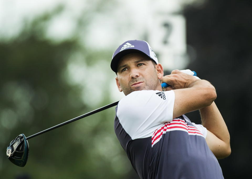 Sergio Garcia, of Spain, tees off on the second hole during the first round of the Canadian Open golf tournament at the Glen Abbey Golf Club in Oakville, Ontario, Thursday, July 26, 2018. (Nathan Denette/The Canadian Press via AP)