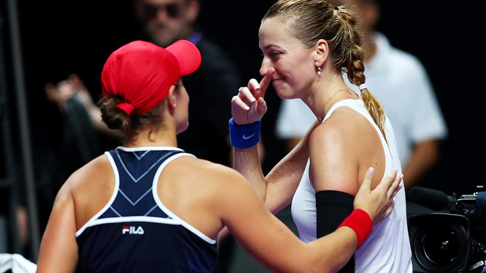 Ashleigh Barty, pictured here being congratulated by Petra Kvitova after the match.