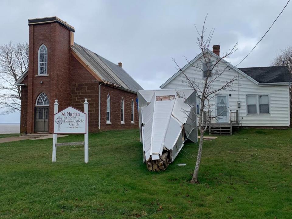 The steeple on St. Martin of Tours Roman Catholic Church was taken down after it was seen swaying during post-tropical storm Fiona. Damage to the building was extensive. (Submitted by Phil Pitts - image credit)