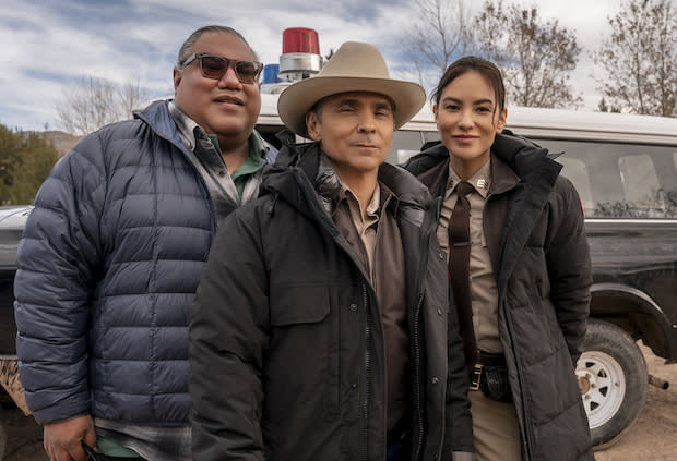 Chris Eyre on set with Zahn McClarnon and Jessica Matten