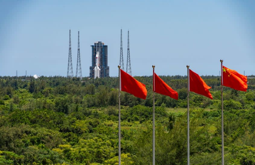 A Chinese rocket sits on the launchpad. 