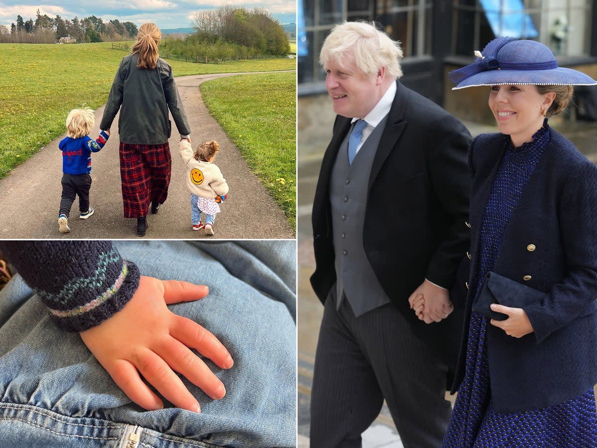 Clockwise: Mr and Ms Johnson arriving at the King’s Coronation, the two images Ms Johnson shared via Instagram to announce the pregnancy (Carrie Johnson/Instagram/PA)