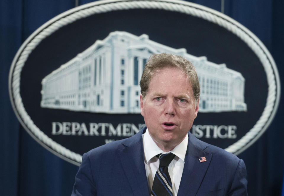 FILE - In this Oct. 26, 2018, file photo, Geoffrey Berman, U.S. attorney for the Southern District of New York, speaks during a news conference at the Department of Justice in Washington. Berman, overseeing investigations involving Donald Trump, is a Republican who contributed to the president’s election campaign, but he bristles at any suggestion he’s a Trump ally. (AP Photo/Alex Brandon, File)
