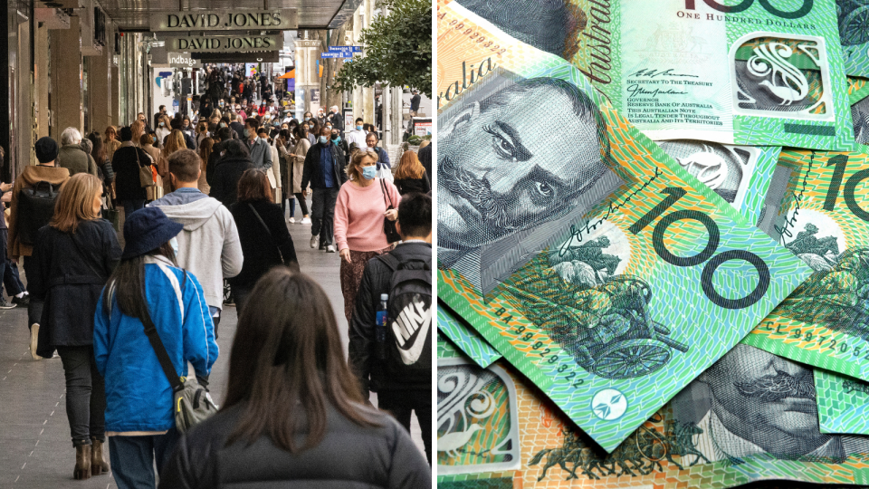 Australians walking. Australian money notes. Superannuation concept.