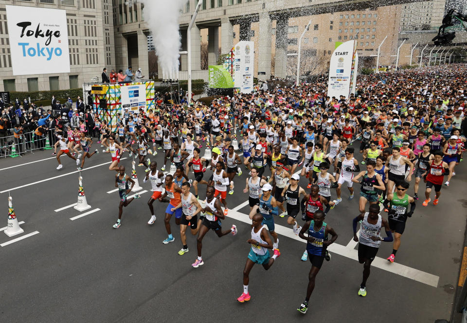 The first wave of runners begin the Tokyo Marathon Sunday, March 5, 2023, in Tokyo. (Issei Kato/Pool Photo via AP)