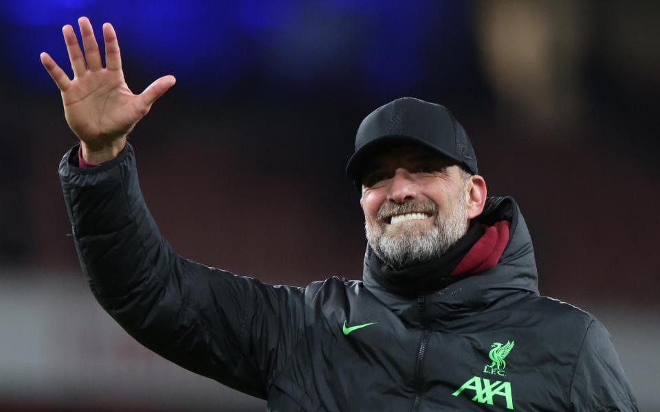 Liverpool's Manager Juergen Klopp celebrates after the FA Cup Third Round soccer match between Arsenal FC and Liverpool FC