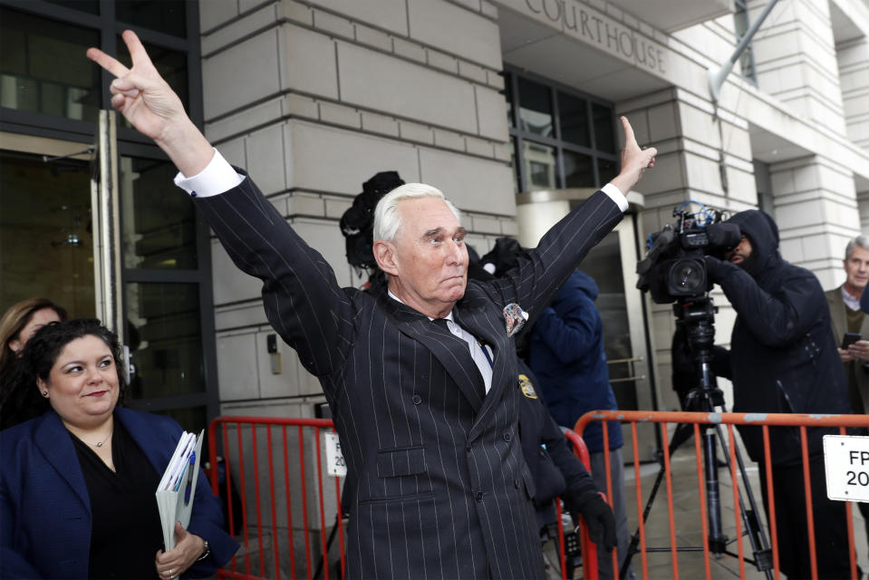 Former campaign adviser for President Donald Trump, Roger Stone, leaves federal court in Washington, Friday, Feb. 1, 2019. Stone was back in court in the special counsel's Russia investigation as prosecutors say they have recovered "voluminous and complex" potential evidence in the case, including financial records, emails and computer hard drives. (AP Photo/Pablo Martinez Monsivais)