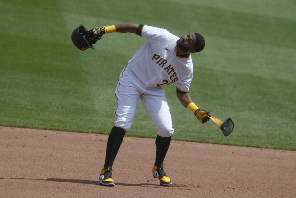 Pittsburgh Pirates' Gregory Polanco reacts after Minnesota Twins right fielder Max Kepler made a catch of a line drive he hit in the fourth inning of a baseball game Thursday, Aug. 6, 2020, in Pittsburgh. (AP Photo/Keith Srakocic)