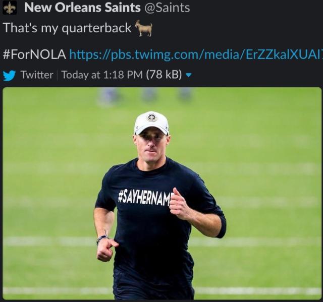 Saints delete tweet of Drew Brees wearing '#SAYHERNAME' shirt amid