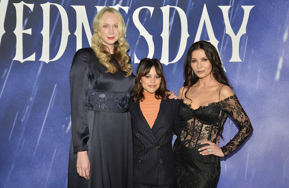 (L-R) Gwendoline Christie, Jenna Ortega and Catherine Zeta-Jones attend Netflix's "Wednesday" ATAS Official Event at Hollywood Forever Cemetery on April 29, 2023 in Hollywood, California.