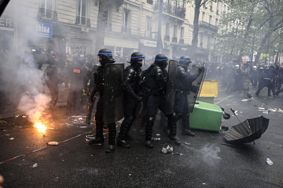 Police attend protests during Labor and Solidarity Day on May 1, 2023 in Paris, France. / Credit: Onur Coban/dia images via Getty Images