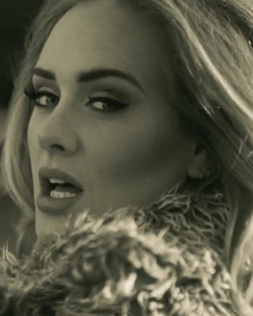 Adele wearing fur in her "Hello" music video