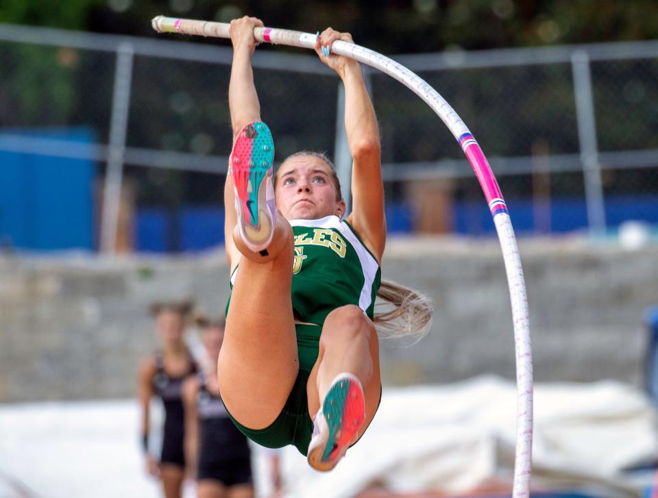 George Jenkins junior Maddie Dutz competes in the pole vault where she finished third on Saturday at the Class 4A state trck meet.
