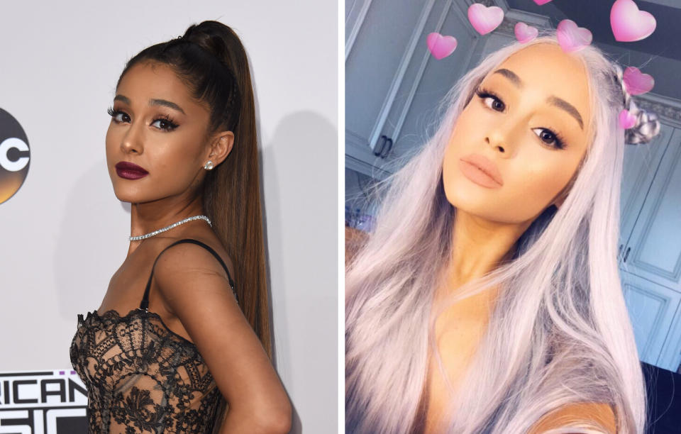 <p><strong>When:</strong> October 8<br>Brunette Ariana is no more for the pint-sized singer showed off her new grey locks on Instagram. <br><i>[Photo: Getty/Instagram]</i> </p>