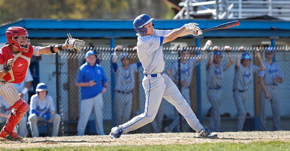 Braintree center fielder Dan Surette connects for a hard single against Brockton on Friday, May 13, 2022.