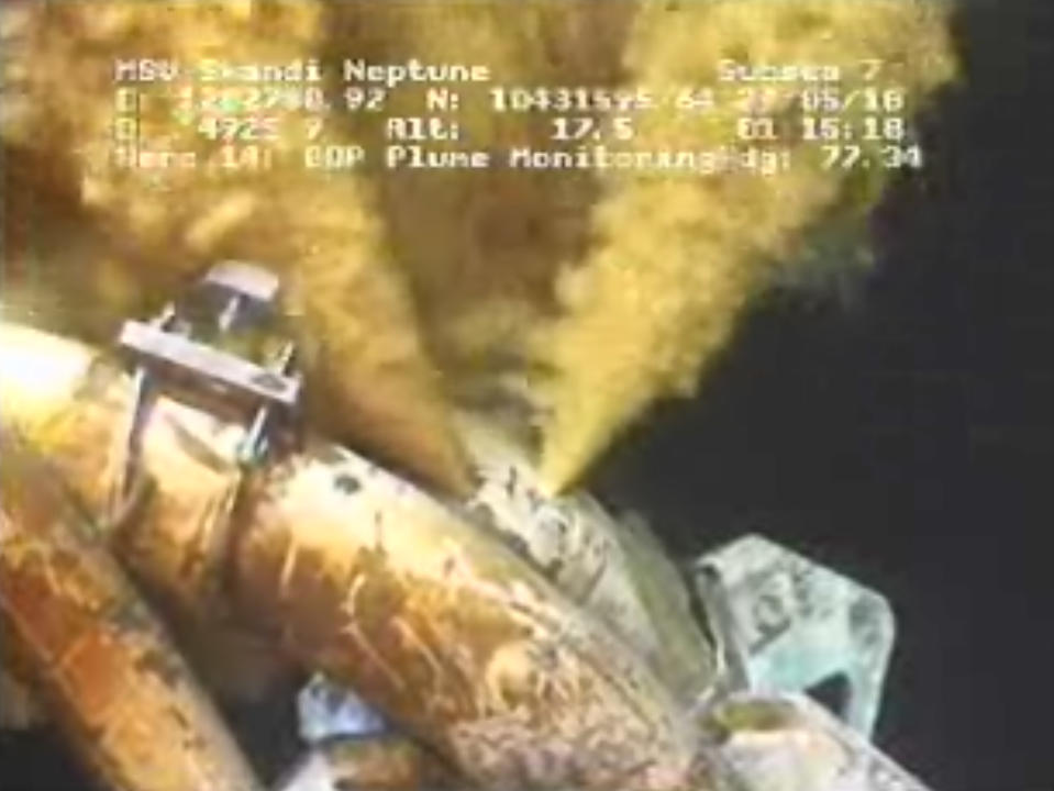 FILE - This image made from video released by British Petroleum (BP PLC) early Saturday morning, May 29, 2010 shows drilling mud escaping from the broken pipe on the gushing oil well in the Gulf of Mexico. Over BP’s objections, a federal appeals court on Friday Jan. 10, 2014, upheld a judge's approval of the company’s multibillion-dollar settlement with lawyers for businesses and residents who claim the massive 2010 oil spill in the Gulf of Mexico cost them money. (AP Photo/BP PLC) NO SALES