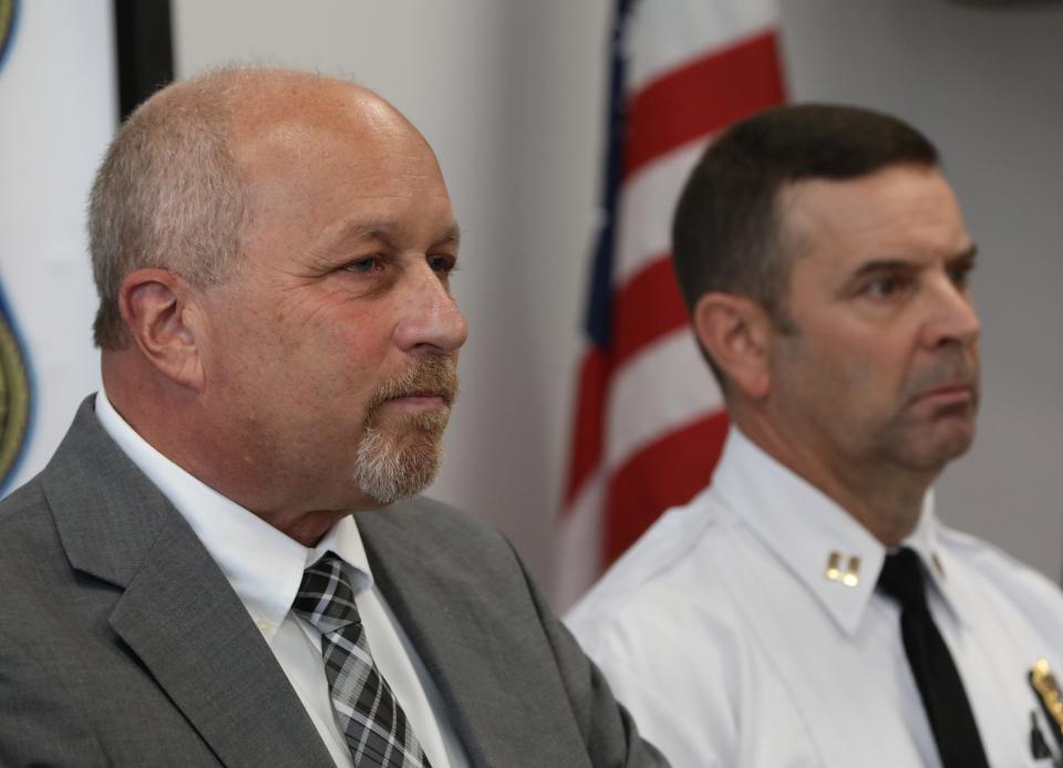 City of Poughkeepsie Police chief Thomas Pape speaks during a press conference on October 29, 2021, and is joined by CPPD captain Richard Wilson.