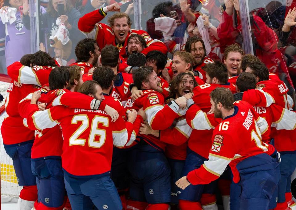 Florida Panthers players celebrates after winning Stanley Cup over the Edmonton Oilers in Game 7 of the NHL Stanley Cup Final at the Amerant Bank Arena on Monday, June 24, 2024, in Sunrise, Fla.