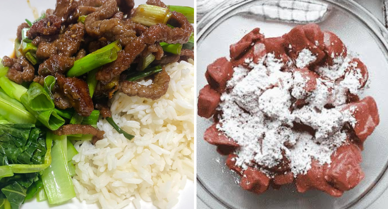 Chinese meal (left) and meat covered in bicarbonate soda.