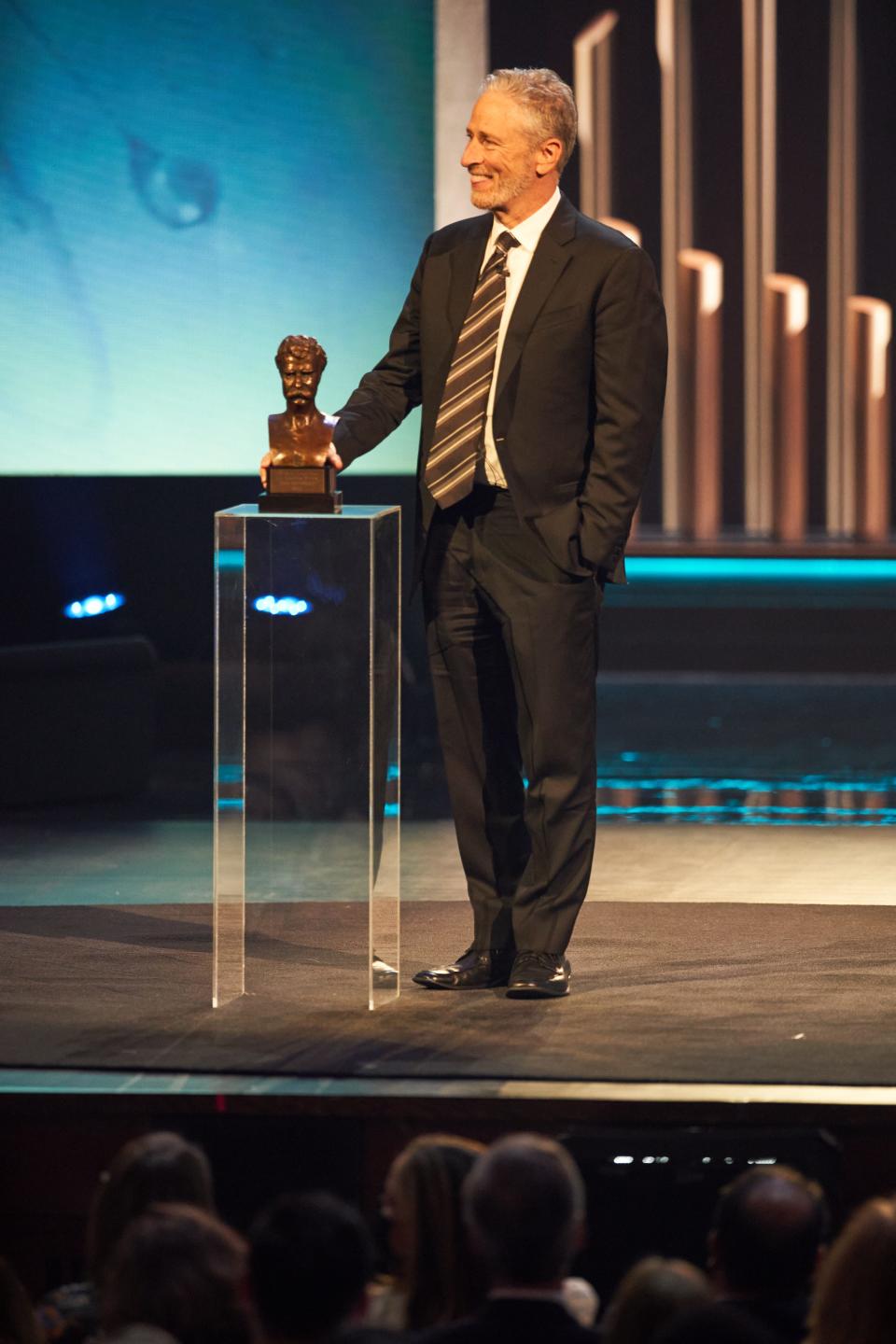 Jon Stewart accepts his Mark Twain Prize for American Humor at the Kennedy Center on April 24.