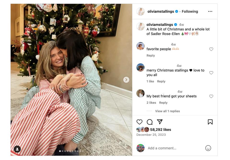 Lunden and Olivia Stallings cuddle in matching PJ sets in an Instagram post.