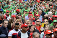 FILE - Members of various trade unions march during a demonstration to protest against the rising cost of living in Brussels, on June 20, 2022. As food costs and fuel bills soar, inflation is plundering people’s wallets, sparking a wave of protests and workers’ strikes around the world. (AP Photo/Geert Vanden Wijngaert)