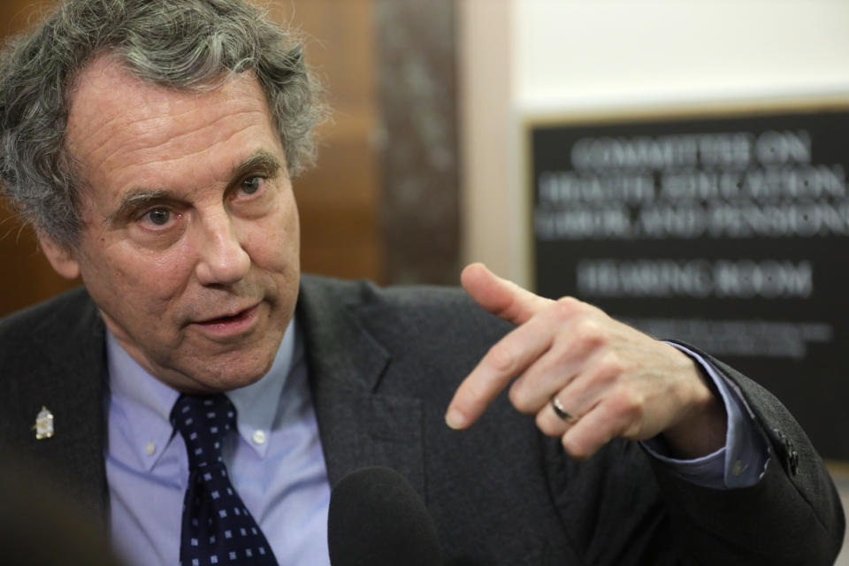 WASHINGTON, DC - MARCH 12:  U.S. Sen. Sherrod Brown (D-OH) speaks to members of the media outside a briefing on the latest development of the COVID-19 outbreak to Senate members at Dirksen Senate Office Building March 12, 2020 on Capitol Hill in Washington, DC. As more new confirmed cases in the U.S., President Trump announced last night to ban travel from most of the European countries for 30 days, except for American residents.  (Photo by Alex Wong/Getty Images)