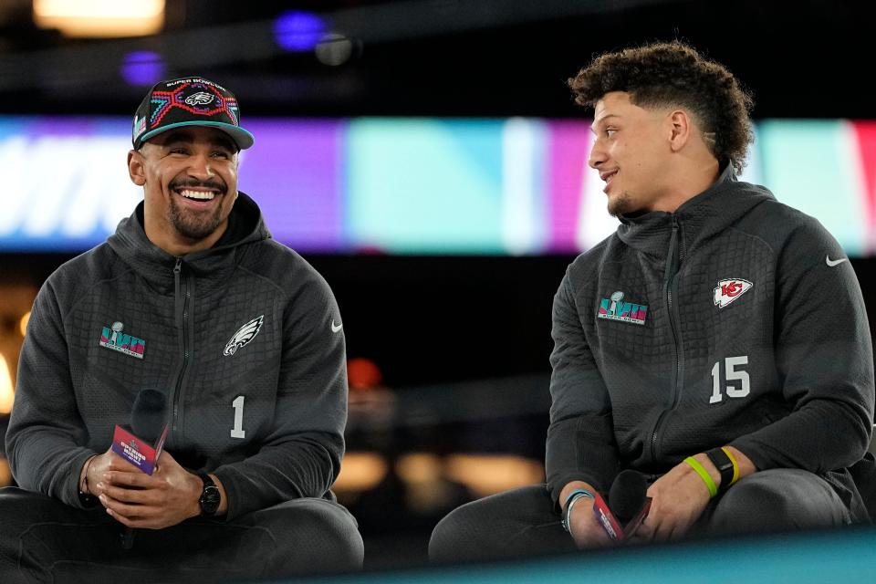 Jalen Hurts (left) and Patrick Mahomes lead their teams in Sunday’s Super Bowl (David J Philip/AP) (AP)